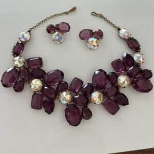 Vintage Schiaparelli Purple Amethyst Crystal Necklace Choker & Clip Earrings Set